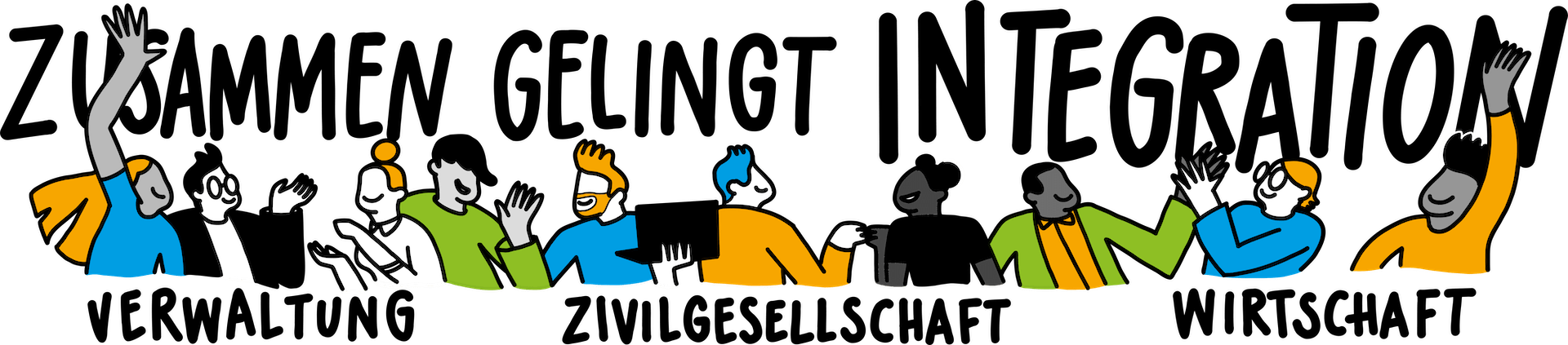 Illustration einer Gruppe von Personen, die aktiv miteinander interagieren, Hände heben und lachen, was eine lebendige Atmosphäre der Zusammenarbeit vermittelt.